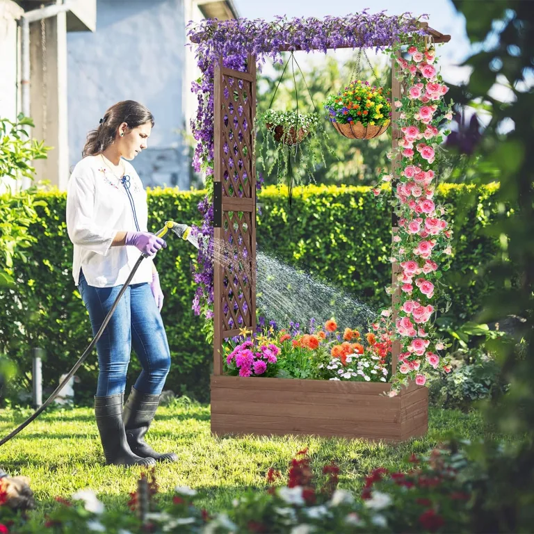 GOPLUS Hochbeet mit Rankgitter, Blumenkasten mit hängendem Dach & Ablauflöchern, Pflanzkasten Rankhilfe Pflanzkübel für Garten, Terrasse, Hof (110 x 44 x 182 cm,Braun) – Bild 8