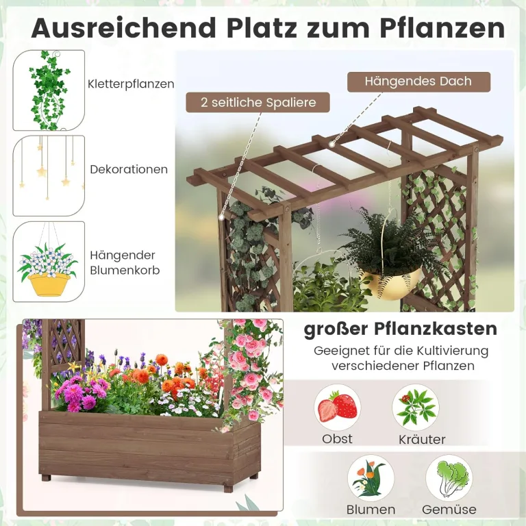 GOPLUS Hochbeet mit Rankgitter, Blumenkasten mit hängendem Dach & Ablauflöchern, Pflanzkasten Rankhilfe Pflanzkübel für Garten, Terrasse, Hof (110 x 44 x 182 cm,Braun) – Bild 3