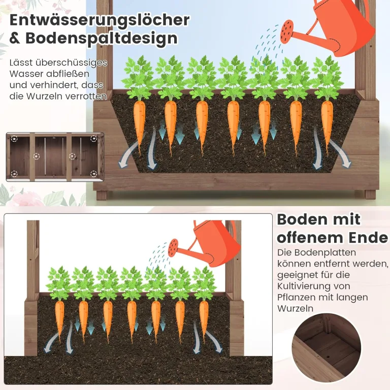 GOPLUS Hochbeet mit Rankgitter, Blumenkasten mit hängendem Dach & Ablauflöchern, Pflanzkasten Rankhilfe Pflanzkübel für Garten, Terrasse, Hof (110 x 44 x 182 cm,Braun) – Bild 4
