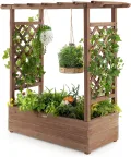 GOPLUS Hochbeet mit Rankgitter, Blumenkasten mit hängendem Dach & Ablauflöchern, Pflanzkasten Rankhilfe Pflanzkübel für Garten, Terrasse, Hof (110 x 44 x 182 cm,Braun) - Thumbnail 9