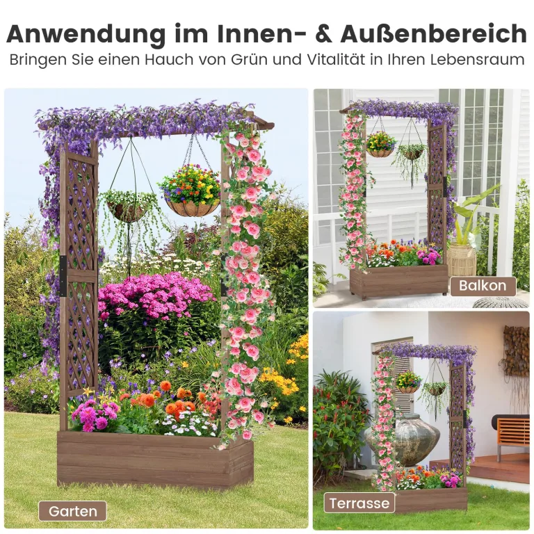 COSTWAY Blumenkasten mit Rankgitter & hängendem Dach, Pflanzkasten mit Rankhilfe, Hochbeet für Kletterpflanzen & hängende Körbe, für Hof Garten Terrasse, Pflanzkübel Holz, Braun (110x44x182cm) – Bild 5
