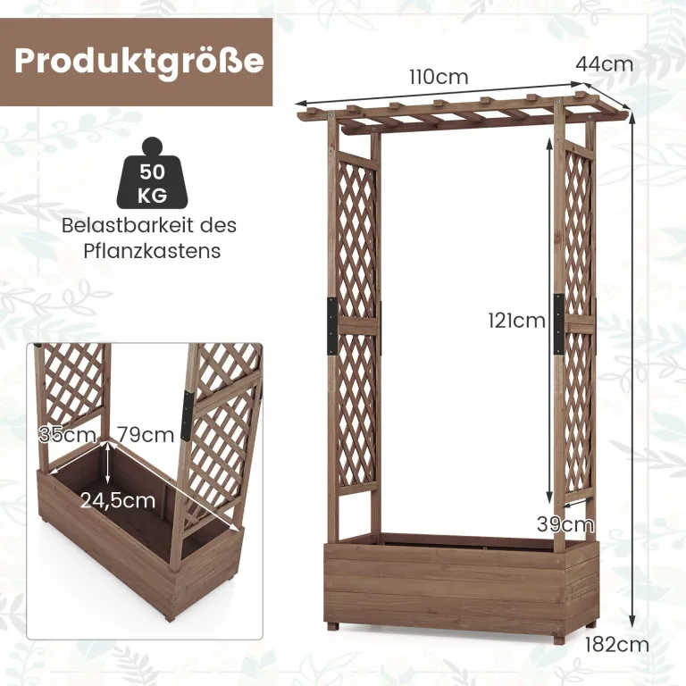 COSTWAY Blumenkasten mit Rankgitter & hängendem Dach, Pflanzkasten mit Rankhilfe, Hochbeet für Kletterpflanzen & hängende Körbe, für Hof Garten Terrasse, Pflanzkübel Holz, Braun (110x44x182cm) – Bild 6