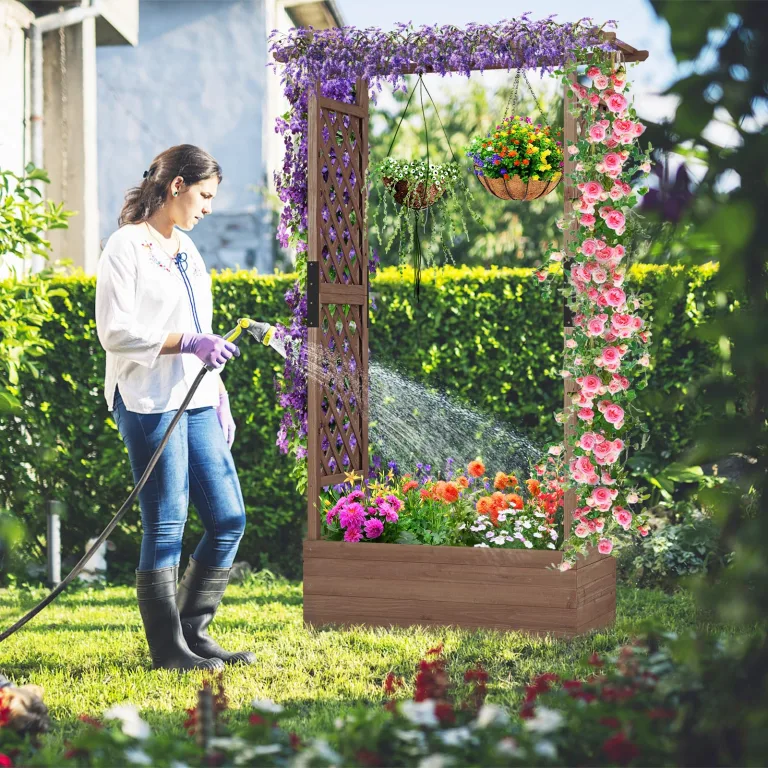 COSTWAY Blumenkasten mit Rankgitter & hängendem Dach, Pflanzkasten mit Rankhilfe, Hochbeet für Kletterpflanzen & hängende Körbe, für Hof Garten Terrasse, Pflanzkübel Holz, Braun (110x44x182cm) – Bild 8