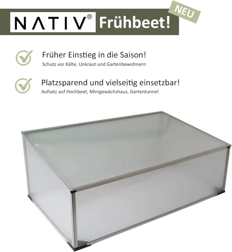 NATIV Frühbeetkasten mit Hohlkammerplatten, Frühbeet mit Aluminium-Rahmen, Hochbeet-Abdeckung mit arretierbarem Dach, Frühbeetaufsatz für Hochbeet 100 x 60 cm, Mini Gewächshaus – Bild 2