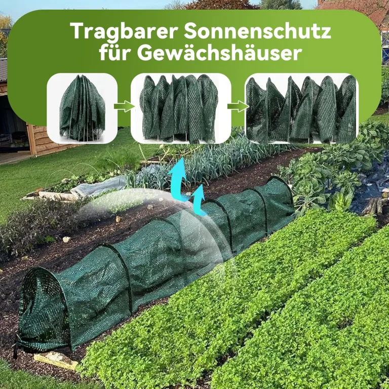 Pflanztunnel Netz, Garden Folientunnel 300x30x45cm, Faltbar Gartentunnel, Frühbeet Schutztunnel Gewächshaus mit Stecksystem, 6 Tunnelbögen Aufzucht Hochbeet Gemüsebeet Pflanzentunnel (Grün) – Bild 8