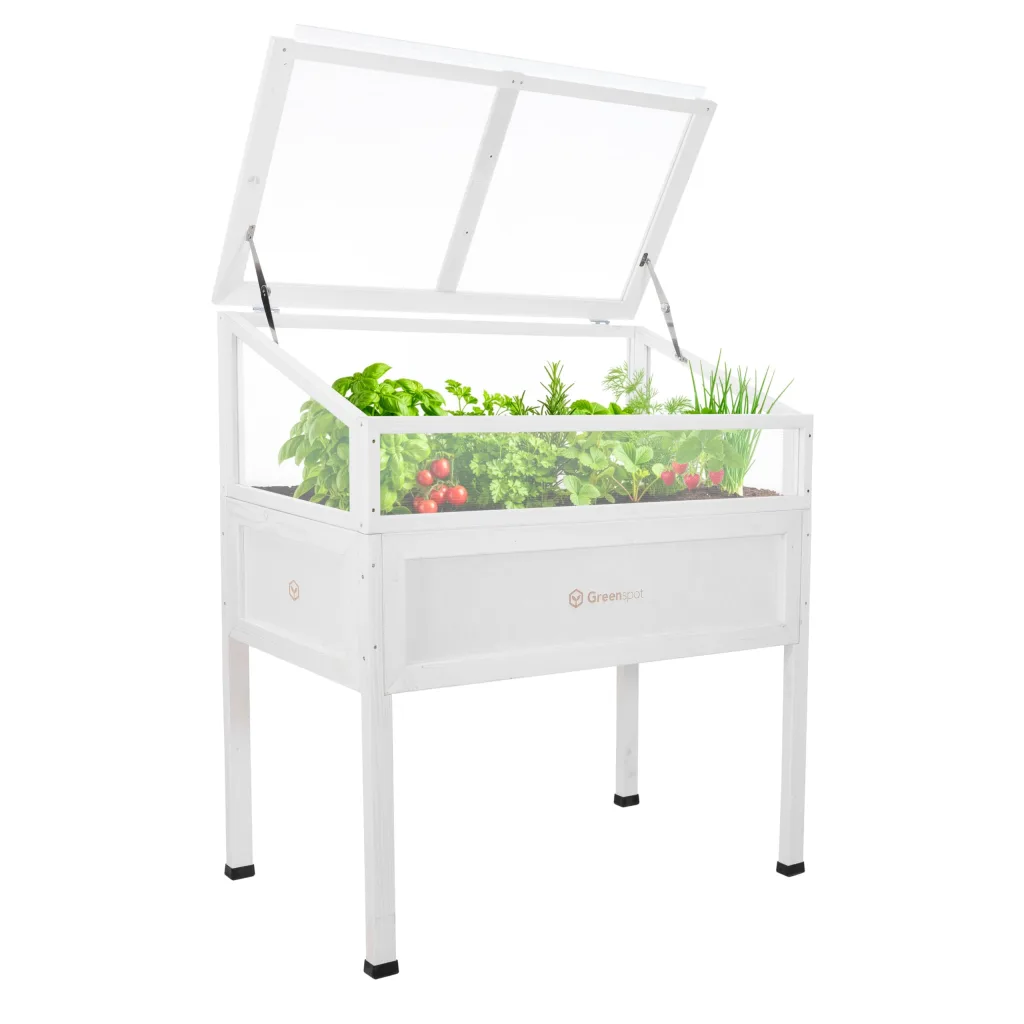 Greenspot - Hochbeet Balkon mit Haube - Hochbeet mit Frühbeetaufsatz - 110x55x120cm - aus Holz - Terrasse Minigewächshaus, Frühbeetkasten mit Deckel, Kräuterbeet - Vintage Weiß