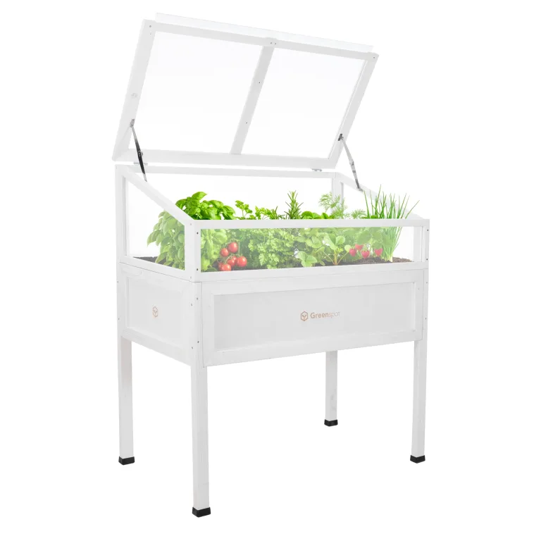 Greenspot - Hochbeet Balkon mit Haube - Hochbeet mit Frühbeetaufsatz - 110x55x120cm - aus Holz - Terrasse Minigewächshaus, Frühbeetkasten mit Deckel, Kräuterbeet - Vintage Weiß – Bild 1