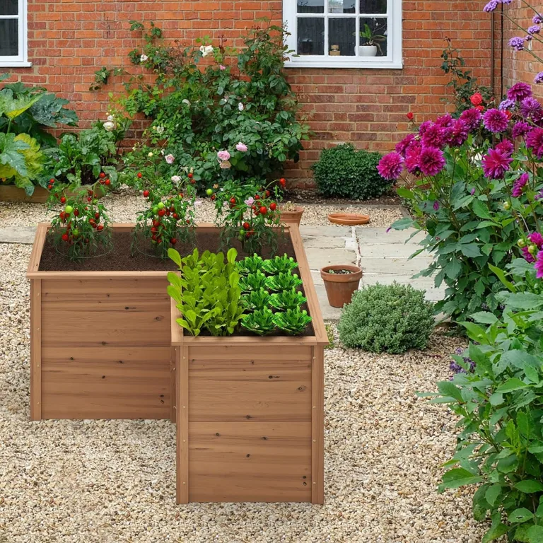 COSTWAY Erhöhtes Hochbeet Holz, Gartenbeet tief, Pflanzkasten mit offenem Boden, für Balkon Garten Terrasse, Pflanzenbeet L-förmig, Kräuterbeet Pflanzkasten, Tannenholz, 120 x 120 x 63 cm (Braun) – Bild 2