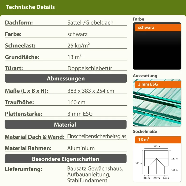 Vitavia Gewächshaus Sirius | 13 m² | 3 mm ESG | schwarz pulverbeschichtet | Inkl. Stahlfundament & 3 Regenfallrohre | 4 Dachfenster & Doppelschiebetür | Stilvolle Orangerie – Bild 3