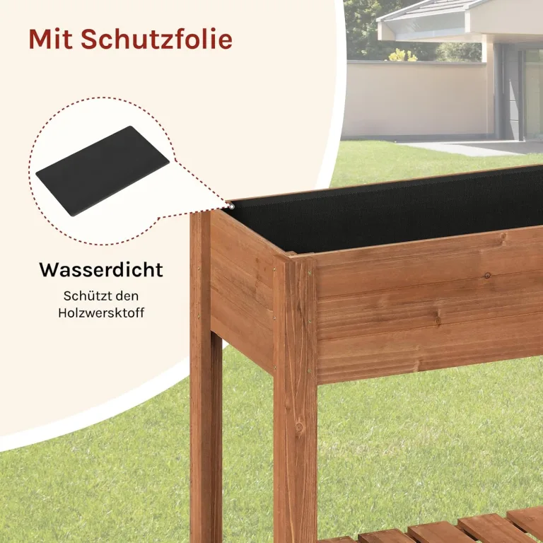 WOLTU Hochbeet Holz, 80x75x40 cm, mit Blumenkasten Ablageboden Folie, Gemüsebeet Kräuterbeet, für Balkon Garten Terasse Outdoor, Braun – Bild 4