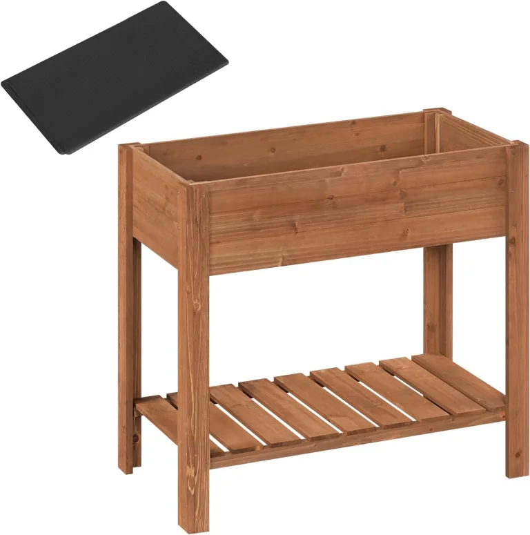 WOLTU Hochbeet Holz, 80x75x40 cm, mit Blumenkasten Ablageboden Folie, Gemüsebeet Kräuterbeet, für Balkon Garten Terasse Outdoor, Braun – Bild 7