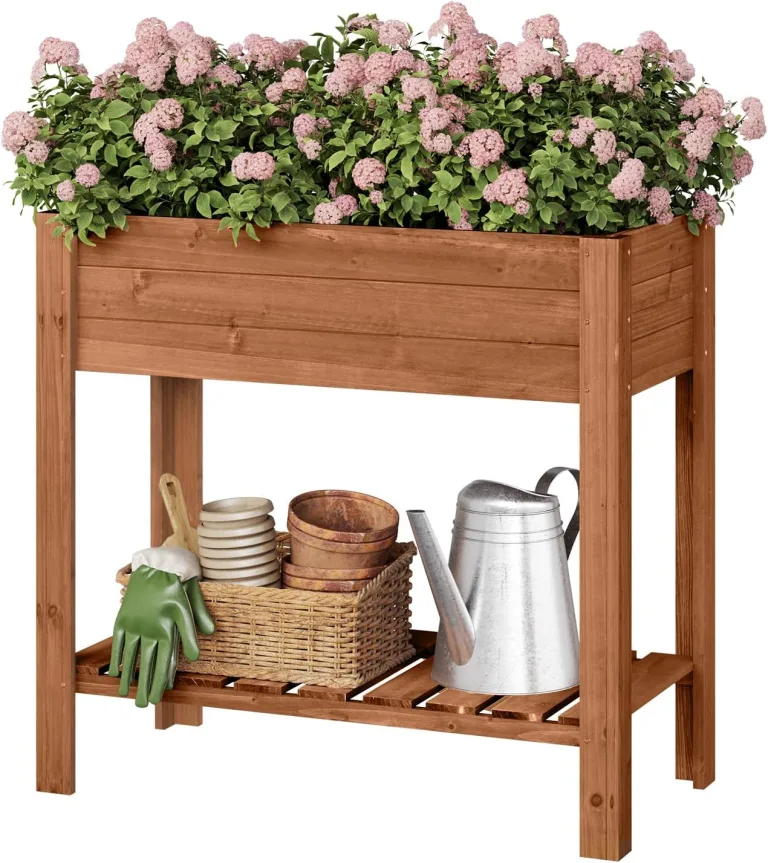 WOLTU Hochbeet Holz, 80x75x40 cm, mit Blumenkasten Ablageboden Folie, Gemüsebeet Kräuterbeet, für Balkon Garten Terasse Outdoor, Braun – Bild 1