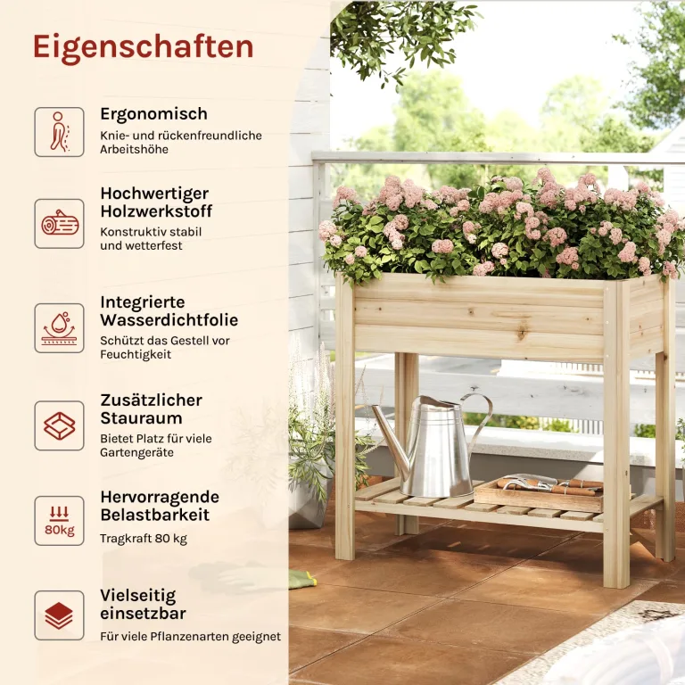 WOLTU Hochbeet Holz, 80x75x40 cm, mit Blumenkasten Ablageboden Folie, Gemüsebeet Kräuterbeet, für Balkon Garten Terasse Outdoor, Holzfarbe – Bild 3