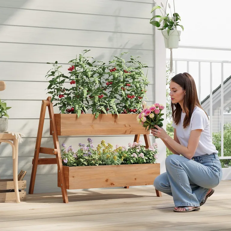 WOLTU Hochbeet, für Garten Balkon Terrasse, mit Innenvlies 2 Blumenkästen, Blumentreppe aus Holz, Gemüsebeet Kräuterbeet Pflanzbeet, 80 x 100 x 62 cm, Braun – Bild 7