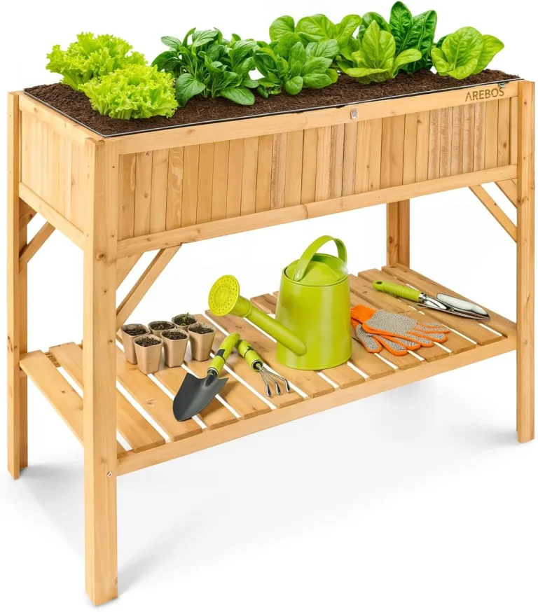 Arebos Hochbeet aus Holz mit Ablagefach | für Garten, Balkon und Terrasse | Innenleben mit Schutzvlies ausgestattet | 119 x 53 x 90 cm | Pflanzkasten & Blumenkasten | Pflanzbeet, Frühbeet – Bild 1