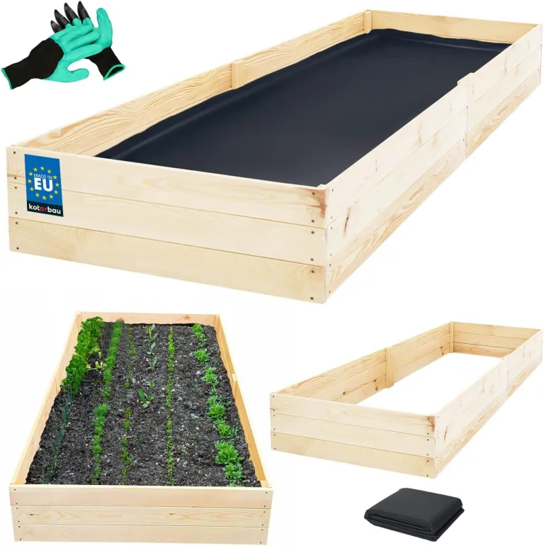 KOTARBAU® Tiefbeet Blumenkasten aus Holz 200x100x27cm Pflanzkästen Naturfarbe Hochbeet Kräuterbeete Pflanzkübel groß Anzuchtbeet Hochbeete für Garten Gemüsezucht Gemüsekiste + Handschuhe mit Krallen – Bild 1