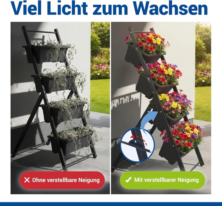 Maximex Vertikales Hochbeet 4 Etagen, mit 4 Pflanzkästen, wetterbeständig, verstellbare Neigung, Drainage, für Balkon und Terrasse, 56,5 x 108 x 62 cm, Metall/Kunststoff – Bild 6