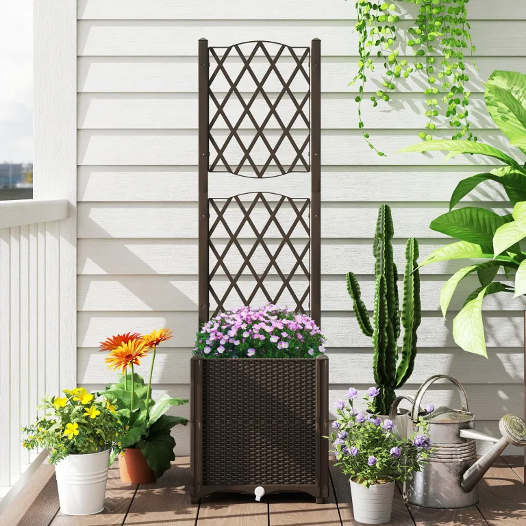 GOPLUS Blumenkasten mit Rankgitter, Hochbeet mit Spalier für Kletterpflanzen & Topfpflanzen, Tiefes Pflanzbeet mit Drainagelöchern für Balkon, Hinterhof & Garten (Braun,40 x 40 x 140 cm) – Bild 5