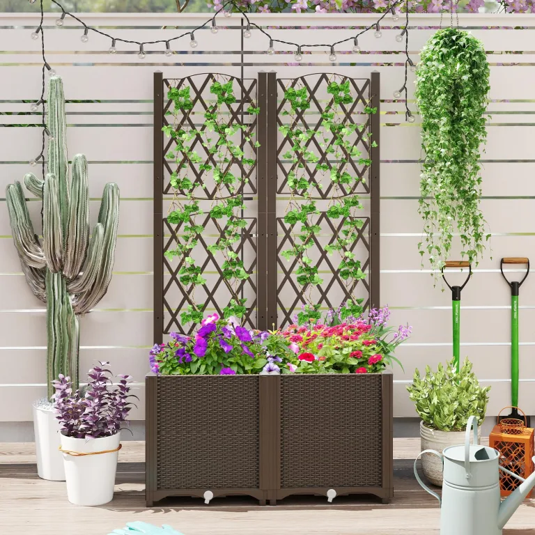 GOPLUS Blumenkasten mit Rankgitter, Hochbeet mit Spalier für Kletterpflanzen & Topfpflanzen, Tiefes Pflanzbeet mit Drainagelöchern für Balkon, Hinterhof & Garten (Braun,80 x 40 x 140 cm) – Bild 5