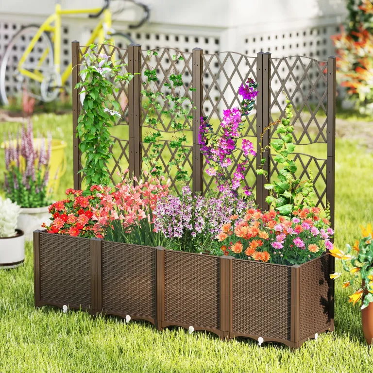 GOPLUS Blumenkasten mit Rankgitter, Hochbeet mit Spalier für Kletterpflanzen & Topfpflanzen, Tiefes Pflanzbeet mit Drainagelöchern für Balkon, Hinterhof & Garten (Braun,80 x 40 x 140 cm) – Bild 6