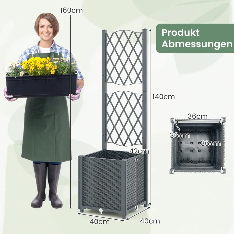 GOPLUS Blumenkasten mit Rankgitter, Hochbeet mit Spalier für Kletterpflanzen & Topfpflanzen, Tiefes Pflanzbeet mit Drainagelöchern für Balkon, Hinterhof & Garten (Grau,40 x 40 x 140 cm) – Bild 3