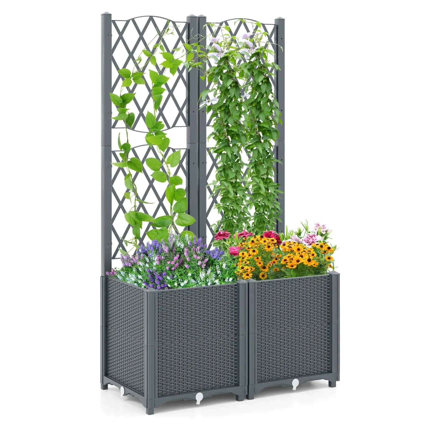 GOPLUS Blumenkasten mit Rankgitter, Hochbeet mit Spalier für Kletterpflanzen & Topfpflanzen, Tiefes Pflanzbeet mit Drainagelöchern für Balkon, Hinterhof & Garten (Grau,80 x 40 x 140 cm) - Bild 1