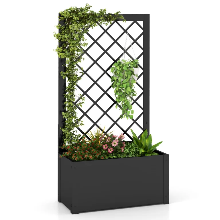 GOPLUS Blumenkasten mit Rankgitter, Hochbeet mit Spalier für Kletterpflanzen & Topfpflanzen, Tiefes Pflanzbeet mit Drainagelöchern für Balkon, Hinterhof & Garten (Grau,80 x 40 x 140 cm) – Bild 8