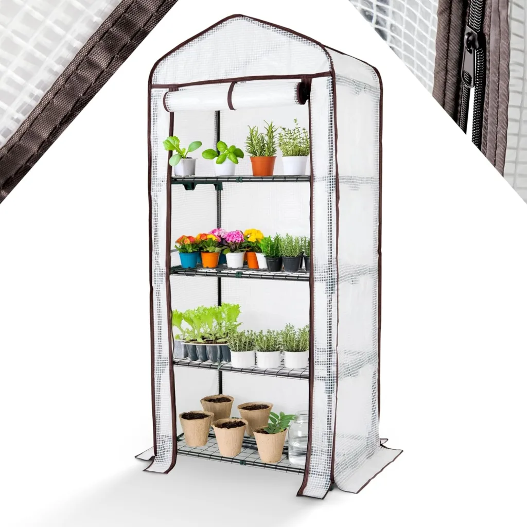Arebos Premium Foliengewächshaus Gewächshaus mit 4 Etagen - 70 x 50 x 158 cm Treibhaus mit 4 Regalen - Platzsparend, Hochwertiges Anzuchthaus Garten Balkon Stabil & Einfach zu Montieren
