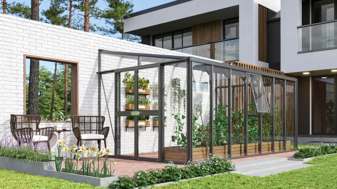 Vitavia Anlehn-Gewächshaus Helena 11900", schwarz, 11,9 m², 3 mm ESG, 10 mm HKP | Wetterfestes & stabiles Wand-Gewächshaus zur Pflanzenanzucht | Ideales Treibhaus für Gemüse, Kräuter & Blumen - Bild 1