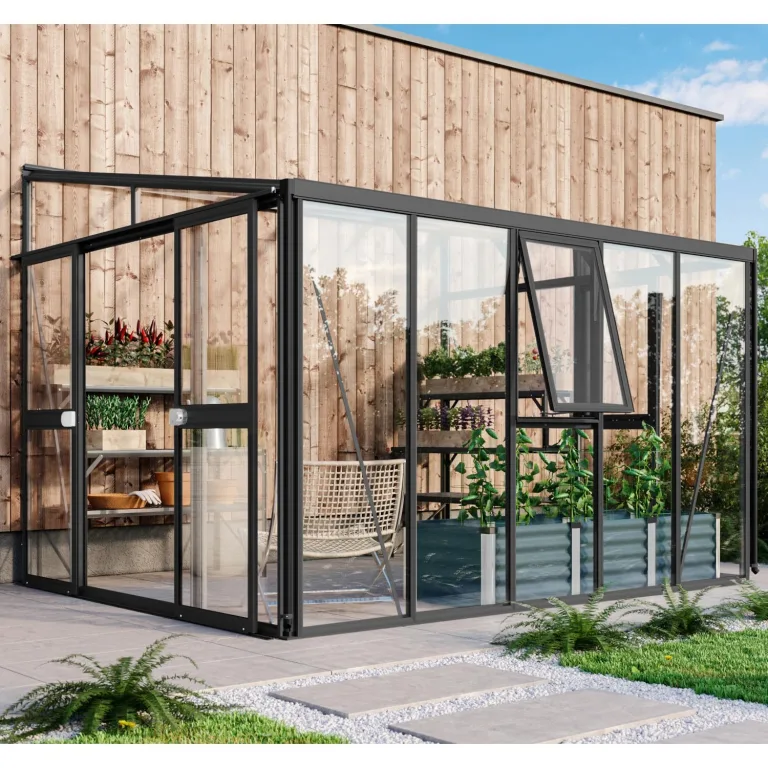 Vitavia Anlehn-Gewächshaus Helena 10200", schwarz, 10,2 m², 3 mm ESG, 10 mm HKP | Wetterfestes & stabiles Wand-Gewächshaus zur Pflanzenanzucht | Ideales Treibhaus für Gemüse, Kräuter & Blumen – Bild 10