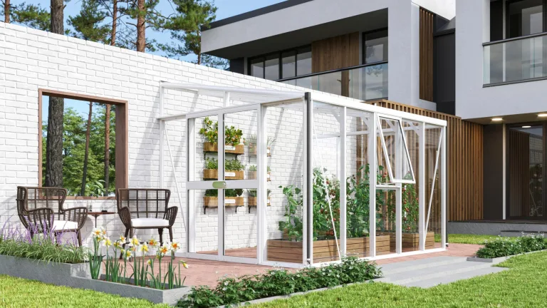 Vitavia Anlehn-Gewächshaus Helena 8600", weiß, 8,6 m², 3 mm ESG, 10 mm HKP | Wetterfestes & stabiles Wand-Gewächshaus zur Pflanzenanzucht | Ideales Treibhaus für Gemüse, Kräuter & Blumen – Bild 1