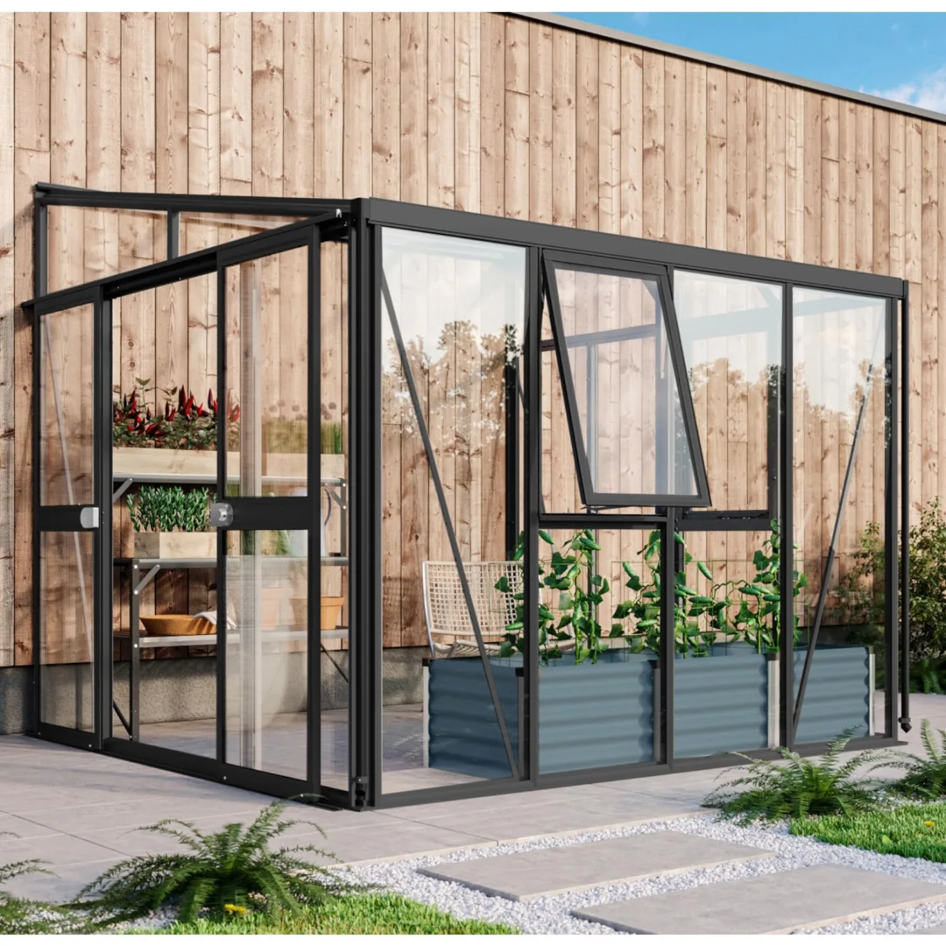 Vitavia Anlehn-Gewächshaus Helena 7000", schwarz, 7,0 m², 3 mm ESG, 10 mm HKP | Wetterfestes & stabiles Wand-Gewächshaus zur Pflanzenanzucht | Ideales Treibhaus für Gemüse, Kräuter & Blumen - Bild 1