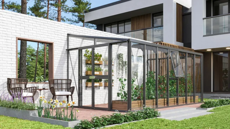 Vitavia Anlehn-Gewächshaus Helena 7000", schwarz, 7,0 m², 3 mm ESG, 10 mm HKP | Wetterfestes & stabiles Wand-Gewächshaus zur Pflanzenanzucht | Ideales Treibhaus für Gemüse, Kräuter & Blumen – Bild 7