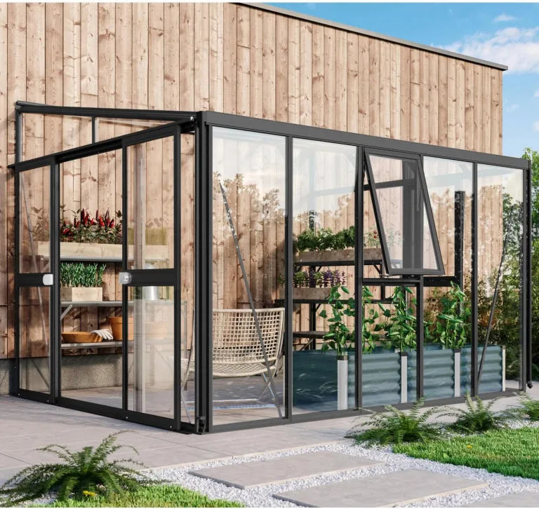 Vitavia Anlehn-Gewächshaus Helena 8600", schwarz, 8,6 m², 3 mm ESG, 10 mm HKP | Wetterfestes & stabiles Wand-Gewächshaus zur Pflanzenanzucht | Ideales Treibhaus für Gemüse, Kräuter & Blumen – Bild 1