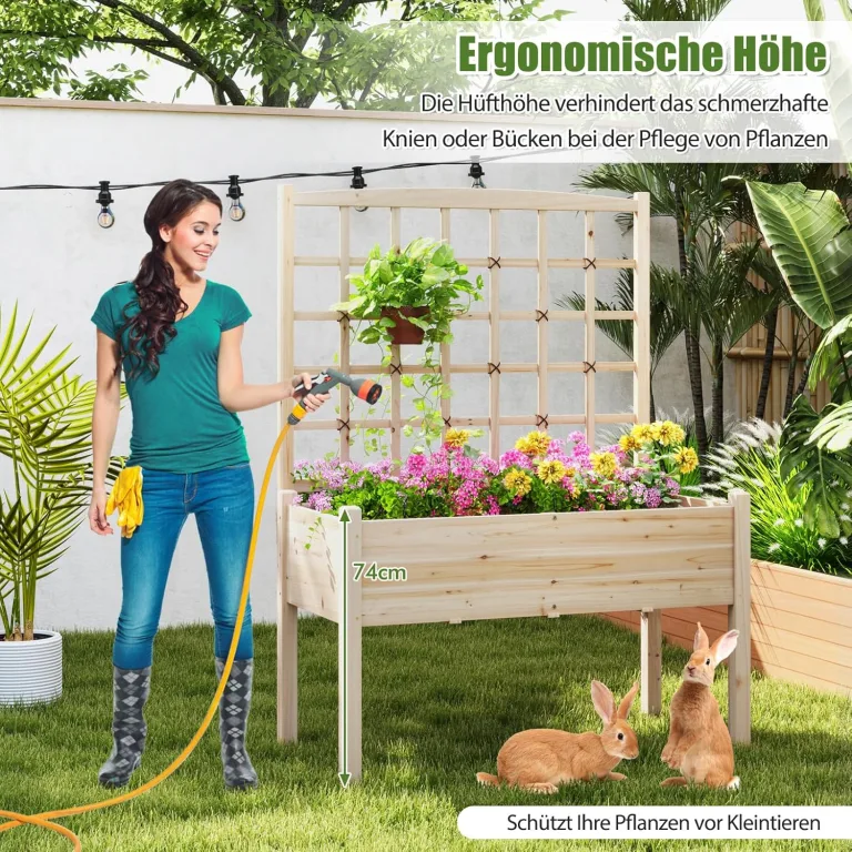 COSTWAY Blumenkasten mit Spalier, Tannenholz, Pflanzkasten mit Rankgitter & Drainageloch, Gartenspalier für Kletterpflanzen, Hochbeet Blumenkübel Rankhilfe, für Garten Hof Balkon, Natur, 119x60x160cm – Bild 3