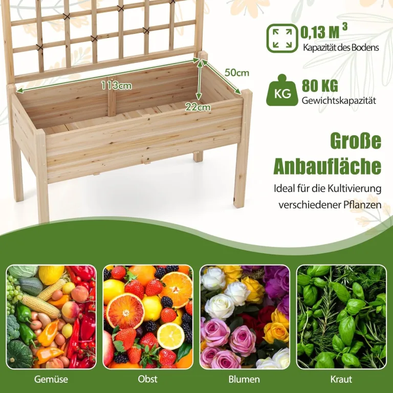 COSTWAY Blumenkasten mit Spalier, Tannenholz, Pflanzkasten mit Rankgitter & Drainageloch, Gartenspalier für Kletterpflanzen, Hochbeet Blumenkübel Rankhilfe, für Garten Hof Balkon, Natur, 119x60x160cm – Bild 4