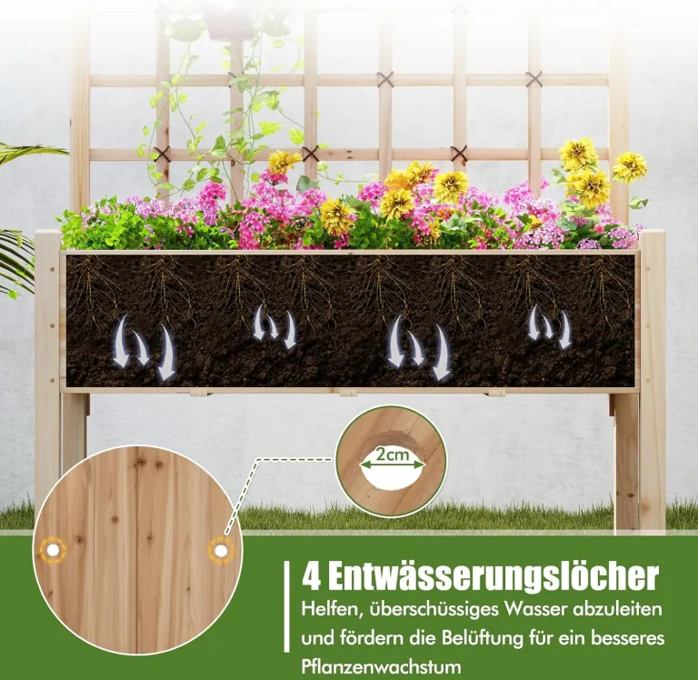 COSTWAY Blumenkasten mit Spalier, Tannenholz, Pflanzkasten mit Rankgitter & Drainageloch, Gartenspalier für Kletterpflanzen, Hochbeet Blumenkübel Rankhilfe, für Garten Hof Balkon, Natur, 119x60x160cm – Bild 5