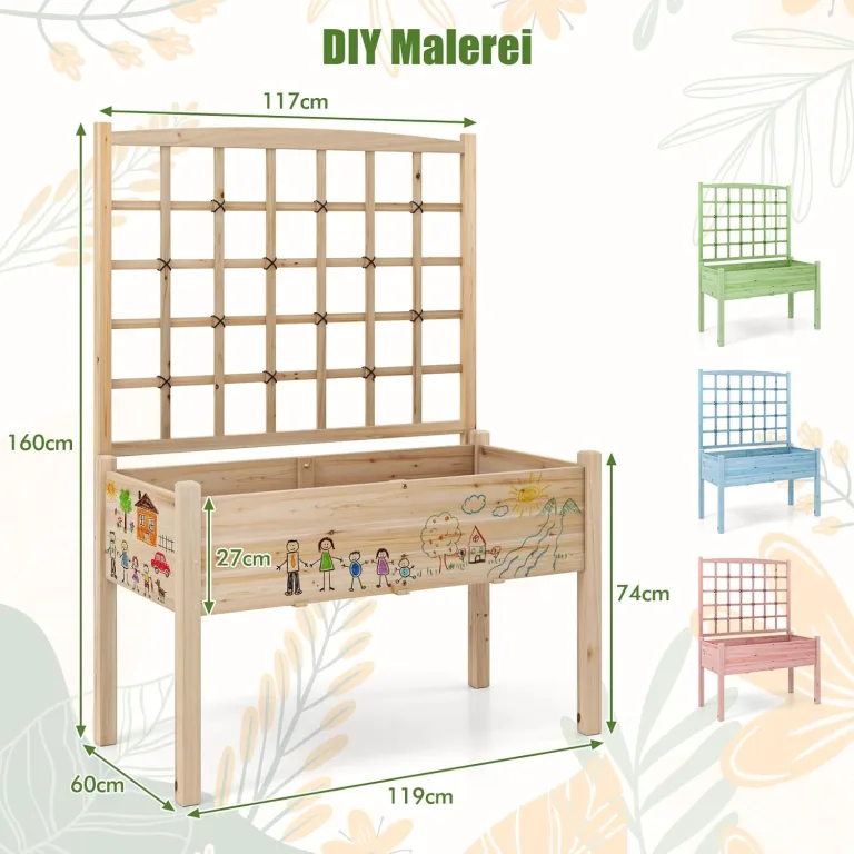 COSTWAY Blumenkasten mit Spalier, Tannenholz, Pflanzkasten mit Rankgitter & Drainageloch, Gartenspalier für Kletterpflanzen, Hochbeet Blumenkübel Rankhilfe, für Garten Hof Balkon, Natur, 119x60x160cm – Bild 6