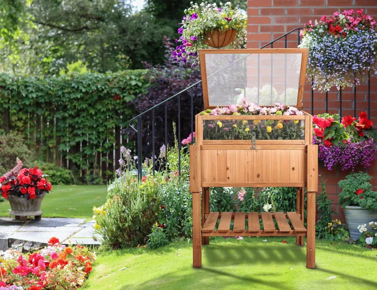 needs&wants® Großes Hochbeet mit Frühbeet-Aufsatz Abdeckung aus Holz für Garten Balkon, Pflanzbeet mit Gewächshaus Frühbeetkasten mit Deckel Dach Haube Ablage Pflanzkasten, 90 x 57 x 112,5 cm, braun – Bild 7