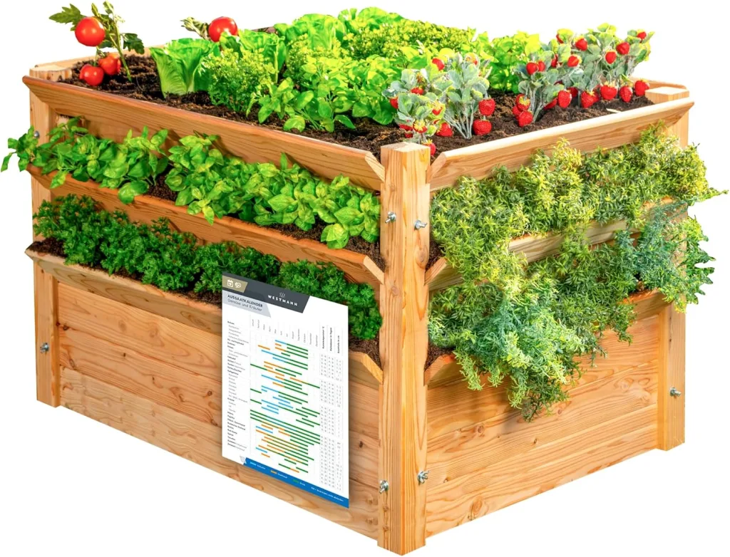 WESTMANN Premium Hochbeet aus Lärchenholz mit Aussaatkalender | Natur | 125x91x73 cm | Kräuterbeet | Holzhochbeet zum Bepflanzen von Gemüse & Kräutern