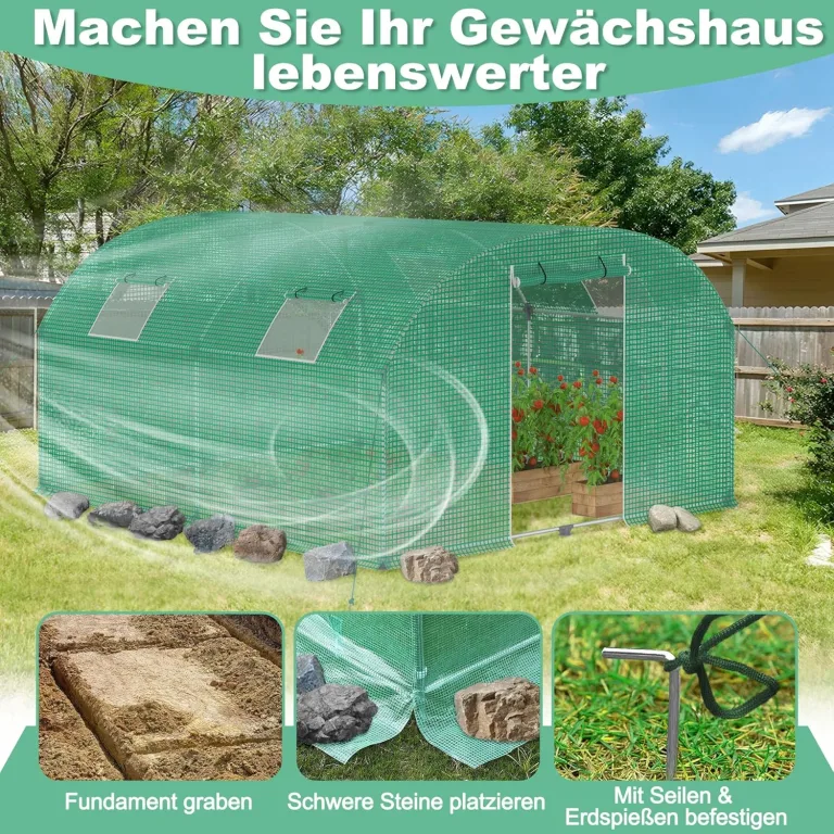 3 x 4 x 2 m Groß Foliengewächshaus Gewächshaus Winterfest Verzinkter Stahl Grün Treibhaus Tomatenhaus mit Tür & Fenster Bogen-Design Begehbares Gartenhäuschen für Aufzucht Tomaten Pflanzen – Bild 8