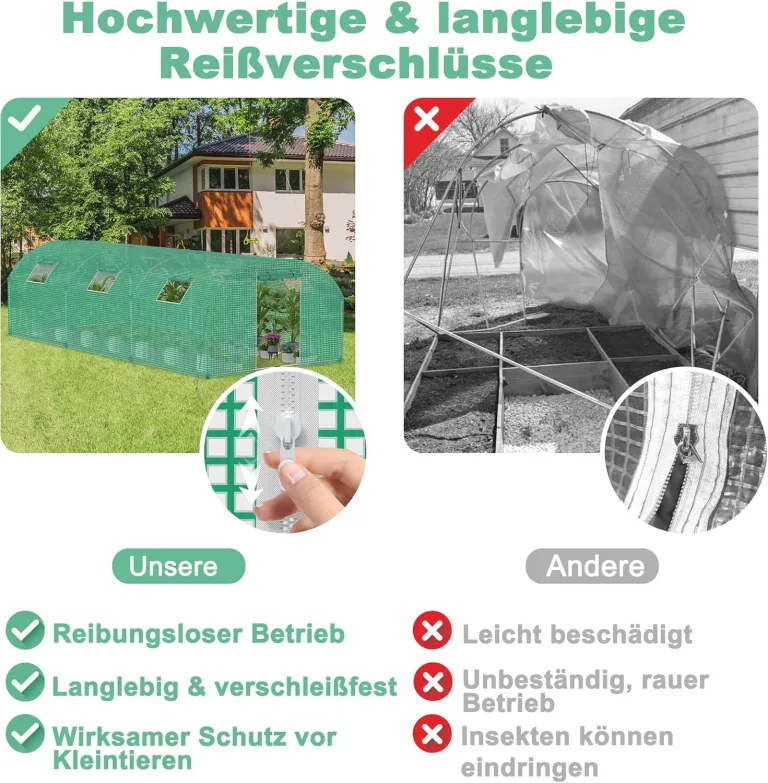 3 x 4 x 2 m Groß Foliengewächshaus Gewächshaus Winterfest Verzinkter Stahl Grün Treibhaus Tomatenhaus mit Tür & Fenster Bogen-Design Begehbares Gartenhäuschen für Aufzucht Tomaten Pflanzen – Bild 4