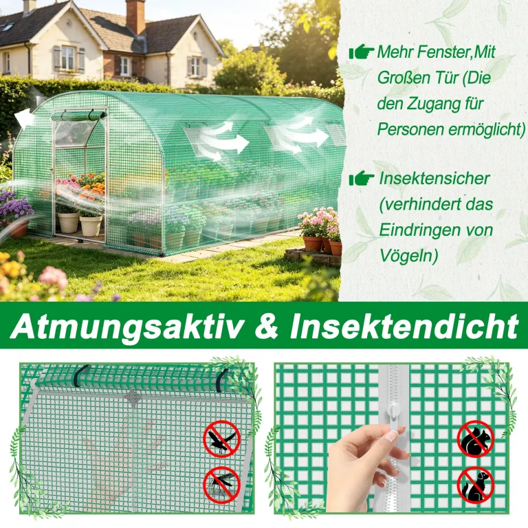 YRHome 3 x 8 x 2 m Groß Foliengewächshaus Gewächshaus Winterfest Verzinkter Stahl Grün Treibhaus Tomatenhaus mit Tür & Fenster Bogen-Design Begehbares Gartenhäuschen für Aufzucht Tomaten Pflanzen – Bild 5