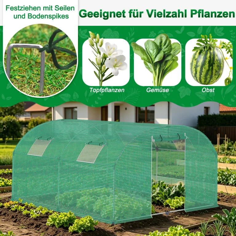 YRHome 3 x 8 x 2 m Groß Foliengewächshaus Gewächshaus Winterfest Verzinkter Stahl Grün Treibhaus Tomatenhaus mit Tür & Fenster Bogen-Design Begehbares Gartenhäuschen für Aufzucht Tomaten Pflanzen – Bild 7