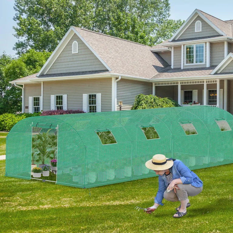 YRHome 3 x 8 x 2 m Groß Foliengewächshaus Gewächshaus Winterfest Verzinkter Stahl Grün Treibhaus Tomatenhaus mit Tür & Fenster Bogen-Design Begehbares Gartenhäuschen für Aufzucht Tomaten Pflanzen – Bild 8