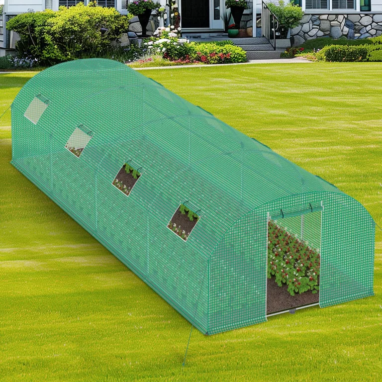 YRHome 3 x 8 x 2 m Groß Foliengewächshaus Gewächshaus Winterfest Verzinkter Stahl Grün Treibhaus Tomatenhaus mit Tür & Fenster Bogen-Design Begehbares Gartenhäuschen für Aufzucht Tomaten Pflanzen – Bild 9