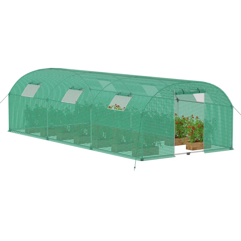 YRHome 3 x 8 x 2 m Groß Foliengewächshaus Gewächshaus Winterfest Verzinkter Stahl Grün Treibhaus Tomatenhaus mit Tür & Fenster Bogen-Design Begehbares Gartenhäuschen für Aufzucht Tomaten Pflanzen – Bild 10