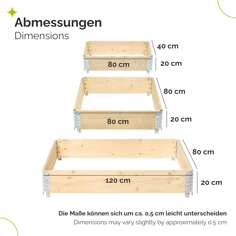 naturbelassene Hochbeete für Garten Palettenrahmen Hochbeet Holz für Pflanzen Blumen Kräuter Obst und Gemüse Natural 3-TLG. Set 3 Lieferumfang: 120x80x20 cm, 80x80x20 cm, 80x40x20 cm GD-0140 – Bild 3