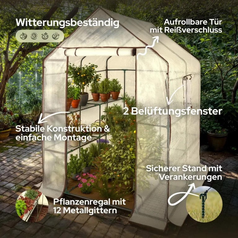Arebos Premium Foliengewächshaus Gewächshaus mit 3 Ebenen - 143 x 143 x 195 cm Treibhaus mit Ablagen & Ventilationsfenster - Platzsparend, Hochwertiges Anzuchthaus Garten Balkon Stabil – Bild 2