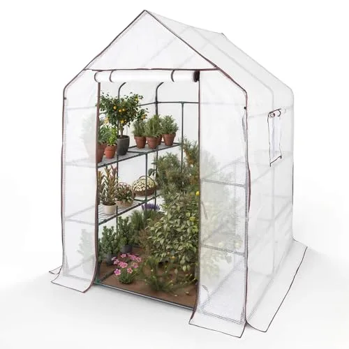 Arebos Premium Foliengewächshaus Gewächshaus mit 3 Ebenen - 143 x 143 x 195 cm Treibhaus mit Ablagen & Ventilationsfenster - Platzsparend, Hochwertiges Anzuchthaus Garten Balkon Stabil – Bild 8